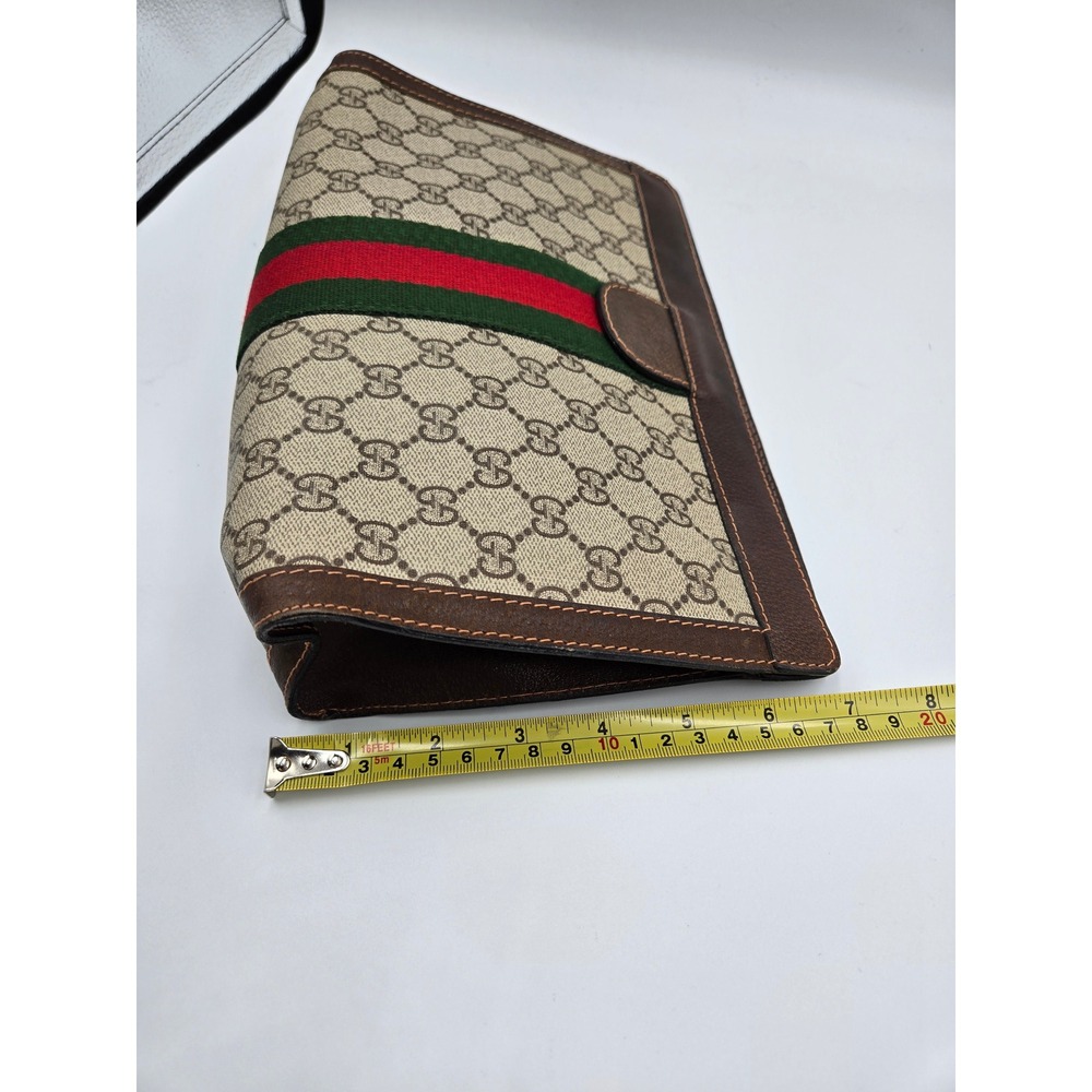 Vintage Gucci Clutch Bag GG Monogram Web Stripe Brown Leather Trim - Picture 3 of 10